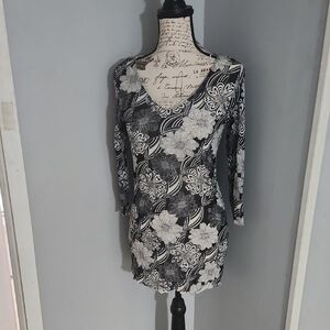 CAbi Black and White Floral Long Sleeve Blouse